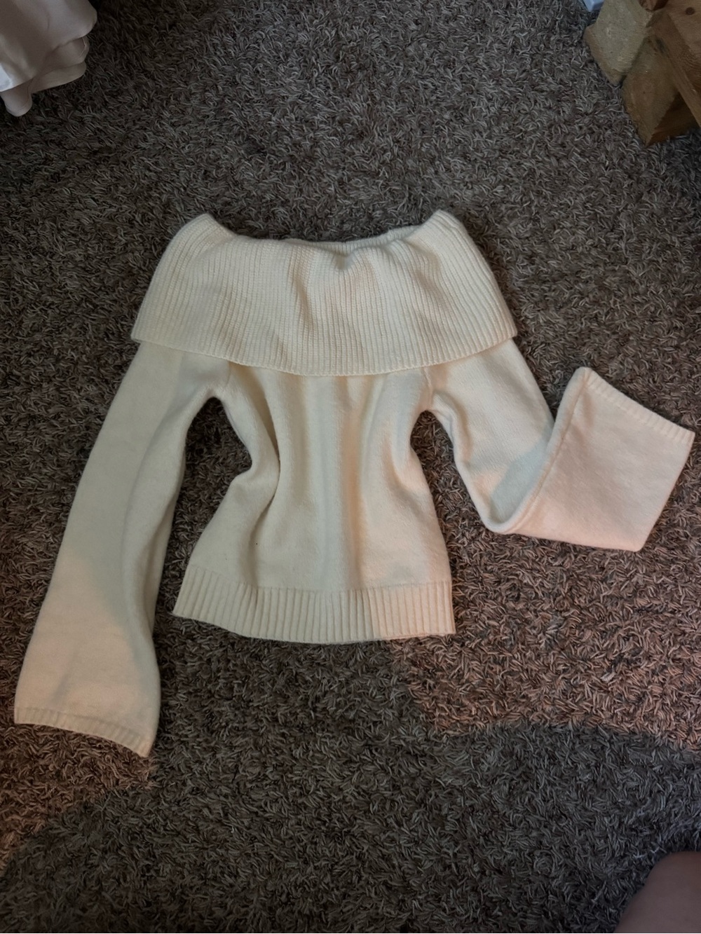 Cream Off-the-Shoulder Ribbed Foldover Sweater